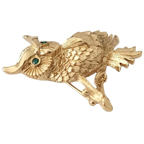 Monet Gold Tone Green Rhinestone Eyes Owl Brooch Pin, Signed M109 - Picture 3 of 9